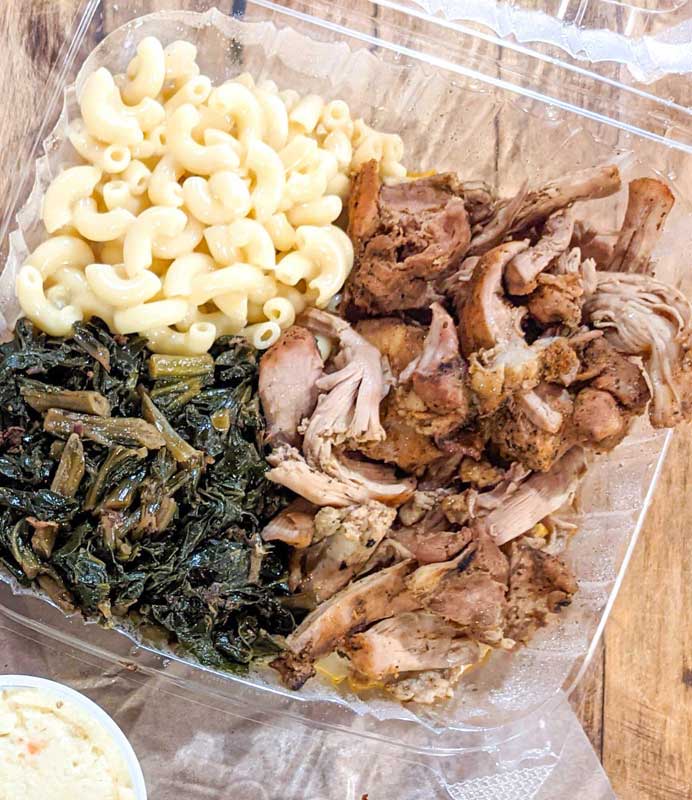 Pulled chicken, collard greens and mac and cheese from Asheville's 12 Bones