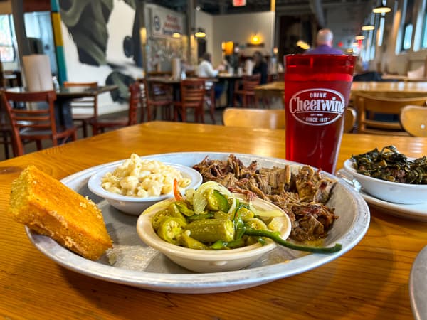 Pulled pork, pickled okra, mac + cheese, cornbread and tea at 12 Bones in Asheville, NC