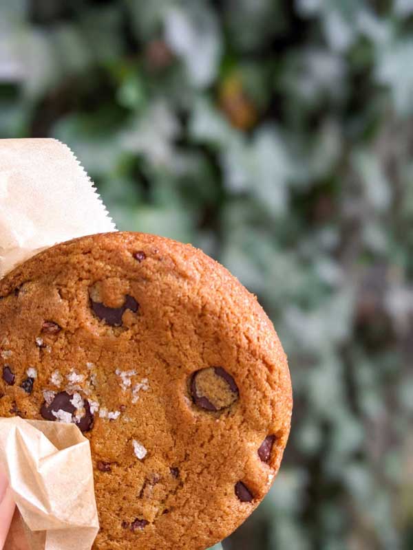 Chocolate chip cookie from OWL Bakery in bakery paper in front of a green background