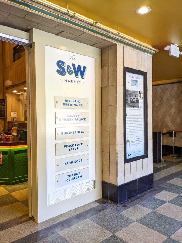 Signage showing the various vendors located in the S&W Market
