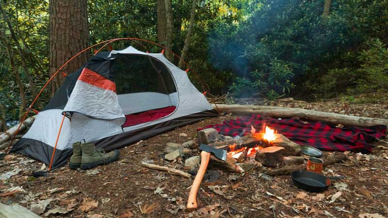 Tent and campfire in the Blue Ridge Mountains