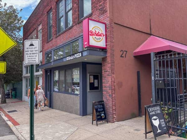 Exterior of Birdie's pizza in downtown Asheville