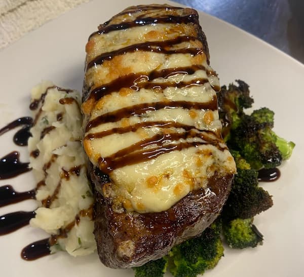 NY Strip Steak with blue cheese topping from Bone and Broth in Asheville