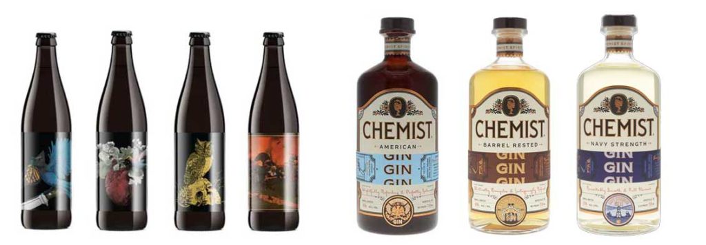 Bottles of Chemist Spirits Gin and Burial Beer