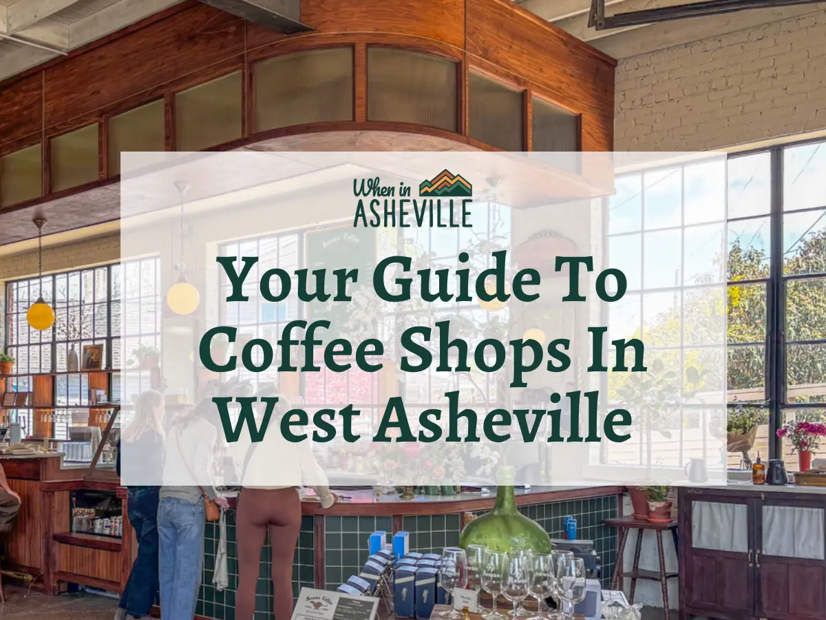 Interior of Rowan Coffee in West Asheville with text "Your Guide To Coffee Shops In West Asheville"