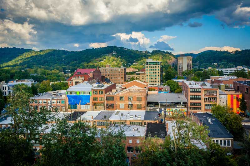 Downtown Asheville nestled in the Blue Ridge Mountains