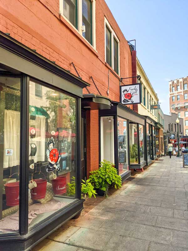 View of Wall Street buildings in downtown Asheville with the Early Girl Eatery sign on one