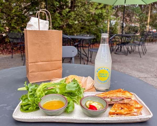 finch-grocery-ham-and-cheese Grilled ham and cheese sandwich with a side salad at Finch Grocery in Asheville, NC's Biltmore Village.