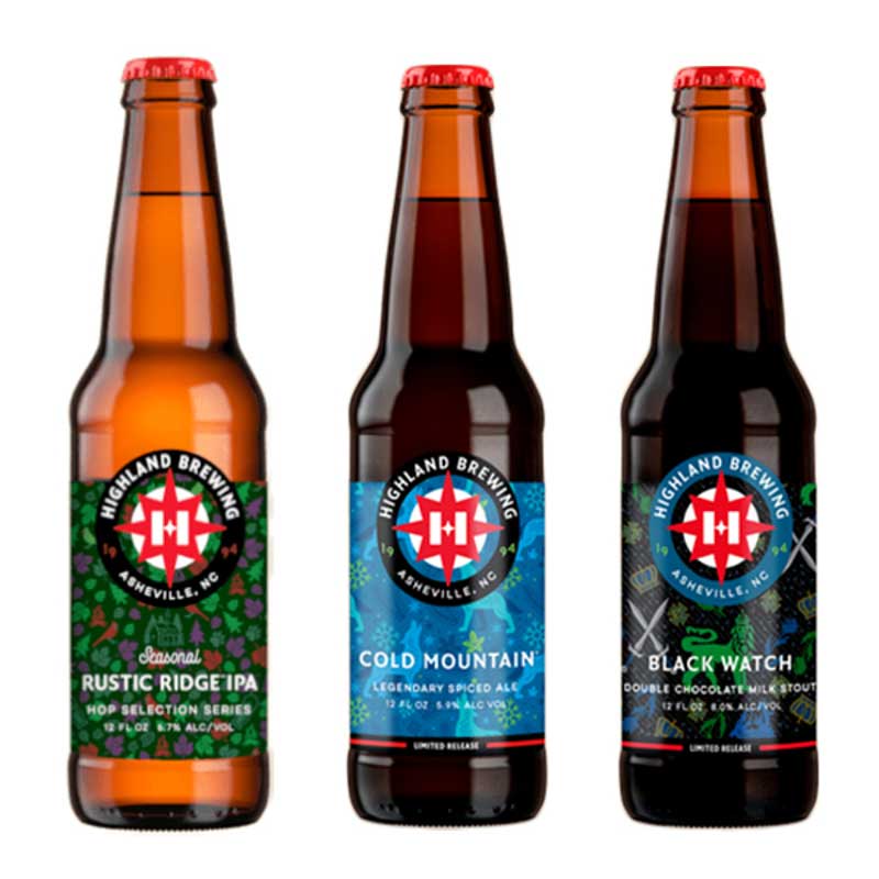 Three bottles of Highland Brewing beer