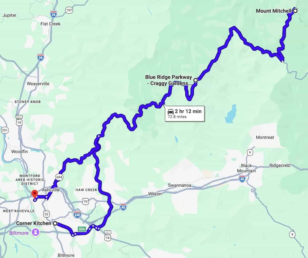 map showing itinerary stops from Biltmore Village to Mount Mitchell