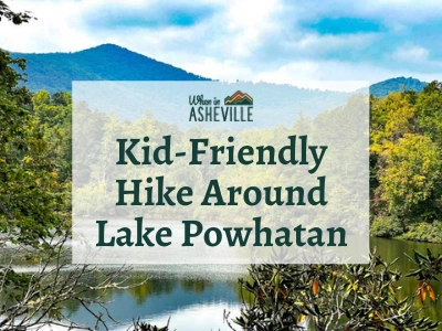 View from Lake Powhatan Trail of mountains with text "Kid-Friendly Hike Around Lake Powhatan"