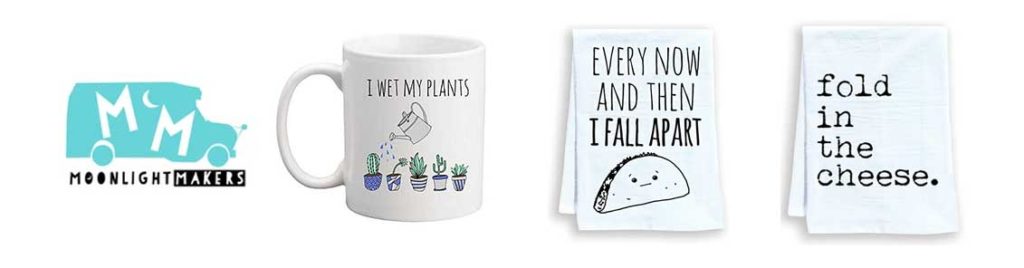 A mug with a watering can and the text "I wet my plants" on it and two dish towels from Moonlight Makers