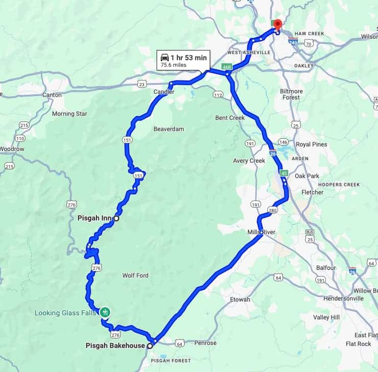 Map showing the drive for a day trip from Asheville