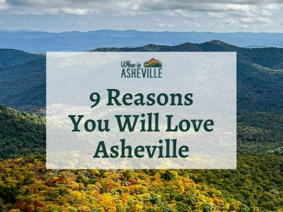 View of blue ridge mountains with text "9 Reasons You Will Love Asheville"