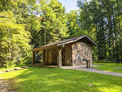 The bathroom shelter at Sycamore Flats in Pisgah Forest