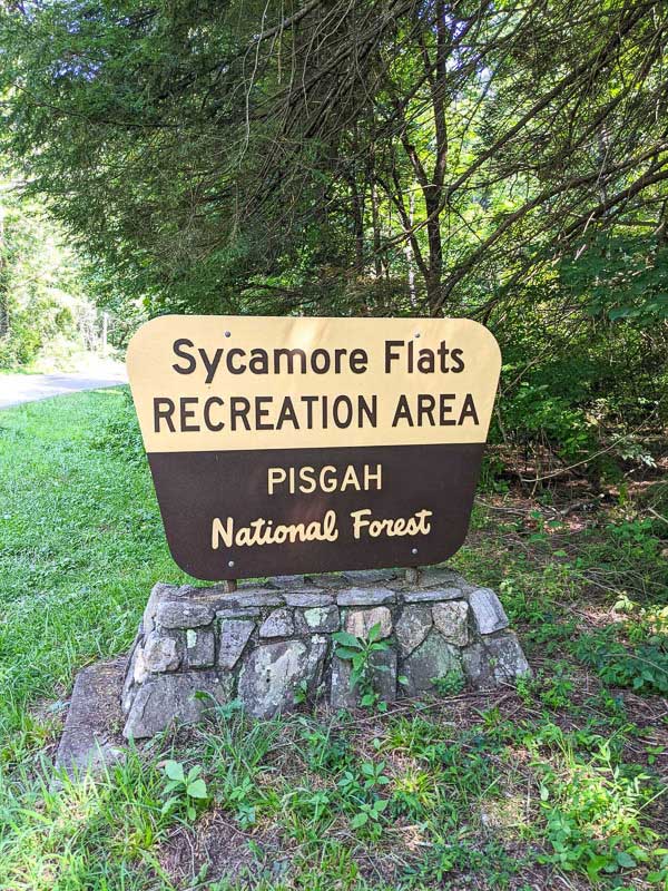 The Sycamore Flats Recreation Area sign in Pisgah Forest